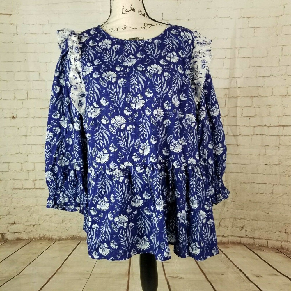 Women’s Top XXL Blue White Floral Ruffle Boho Top